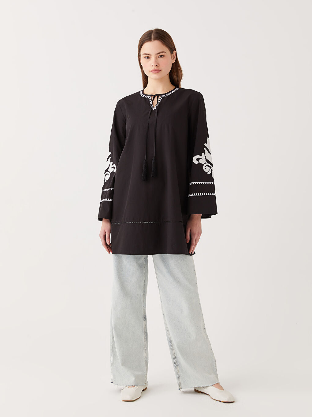 Tie Collar Embroidered Long Sleeve Women's Tunic -S31701Z8-RQL