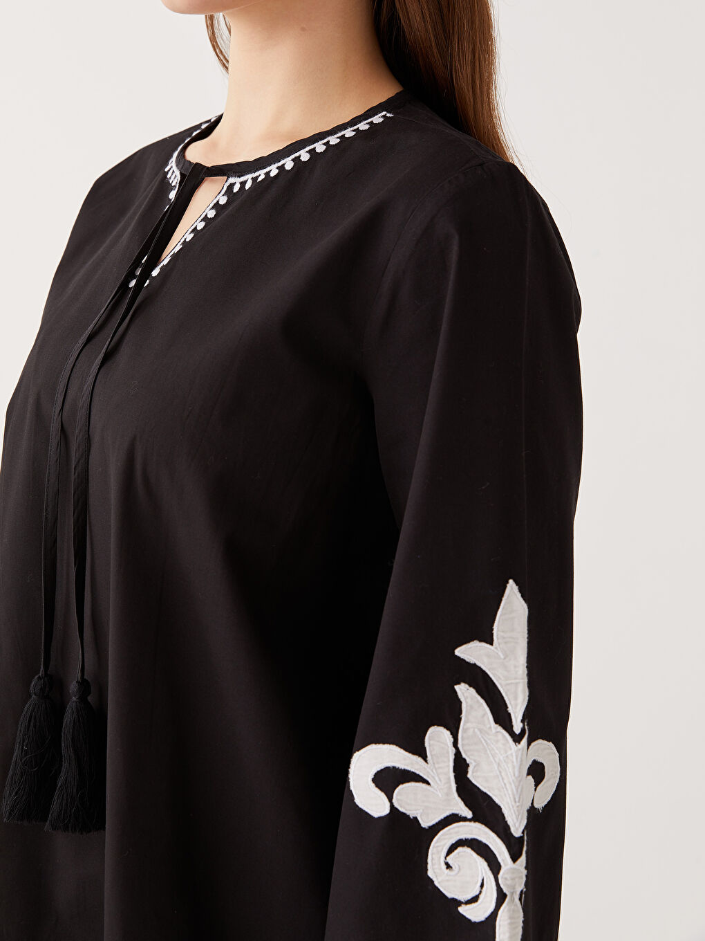 Tie Collar Embroidered Long Sleeve Women's Tunic -S31701Z8-RQL