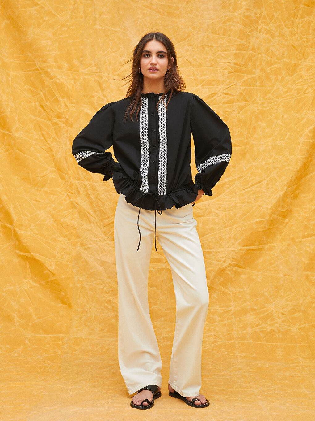 Ruffled Standing Collar Embroidered Long Sleeve Women's Shirt