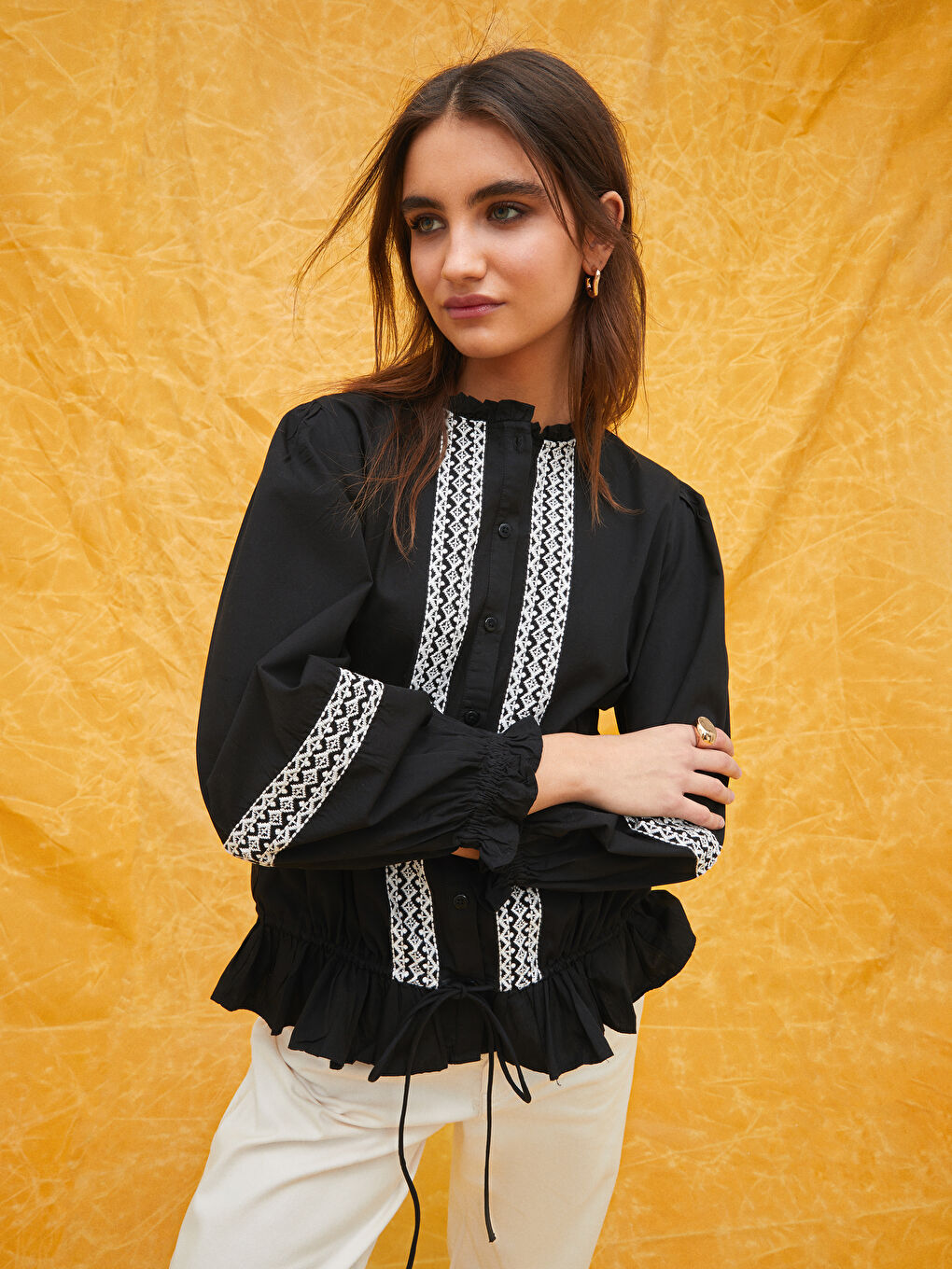 Ruffled Standing Collar Embroidered Long Sleeve Women's Shirt-1