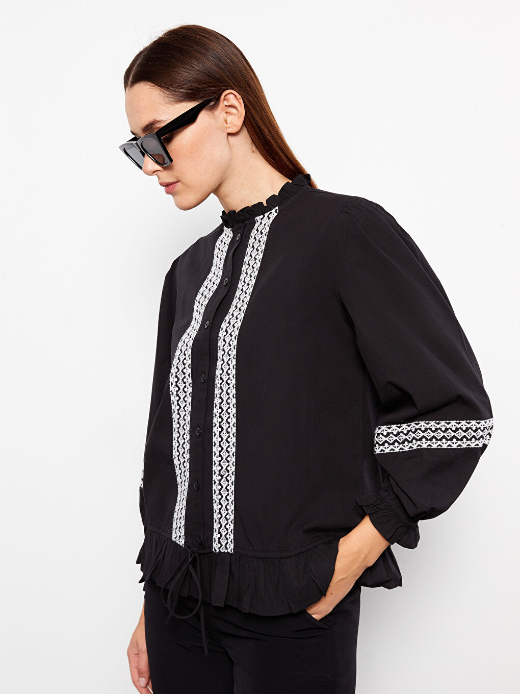 Ruffled Standing Collar Embroidered Long Sleeve Women's Shirt-2