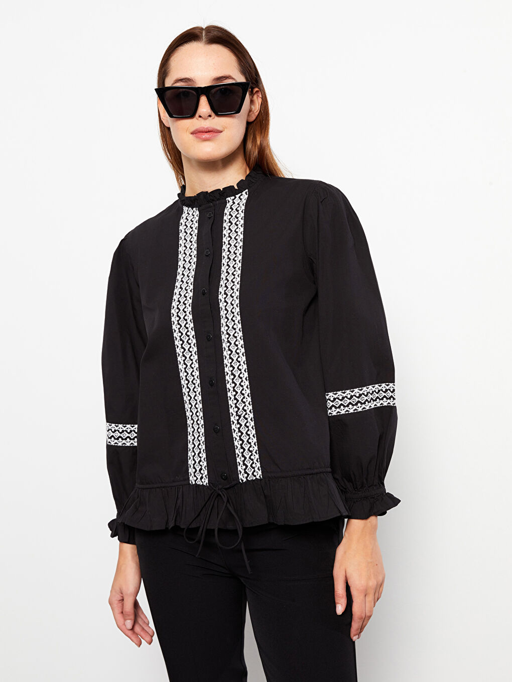 Ruffled Standing Collar Embroidered Long Sleeve Women's Shirt-3