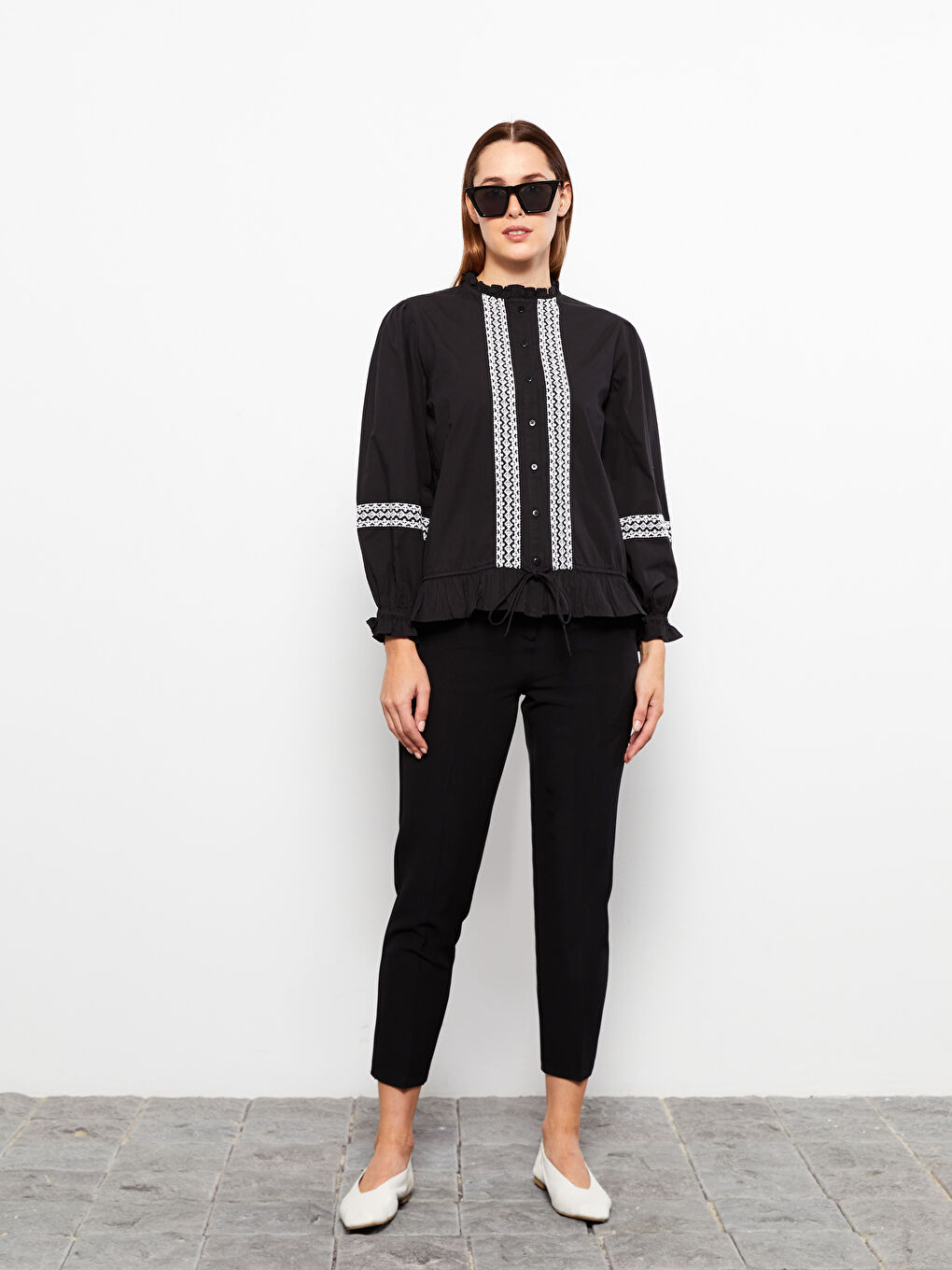 Ruffled Standing Collar Embroidered Long Sleeve Women's Shirt-4