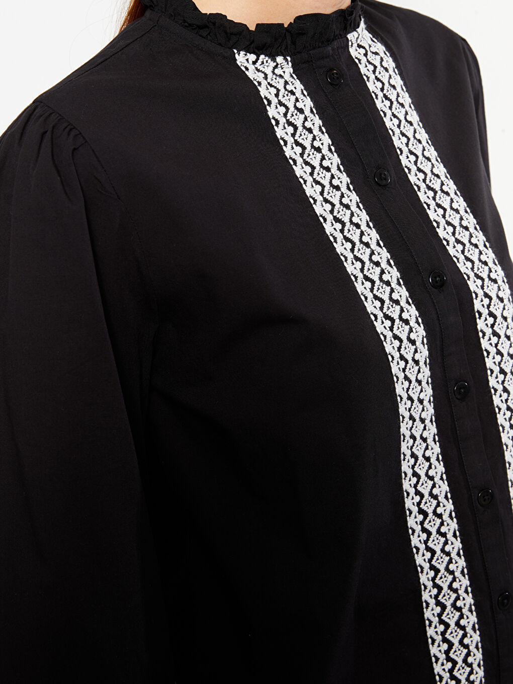 Ruffled Standing Collar Embroidered Long Sleeve Women's Shirt-5