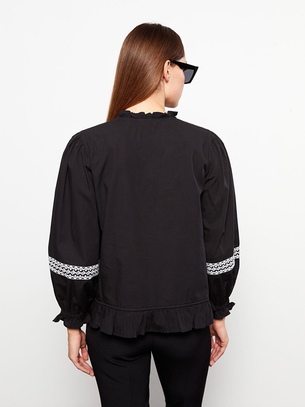 Ruffled Standing Collar Embroidered Long Sleeve Women's Shirt-6