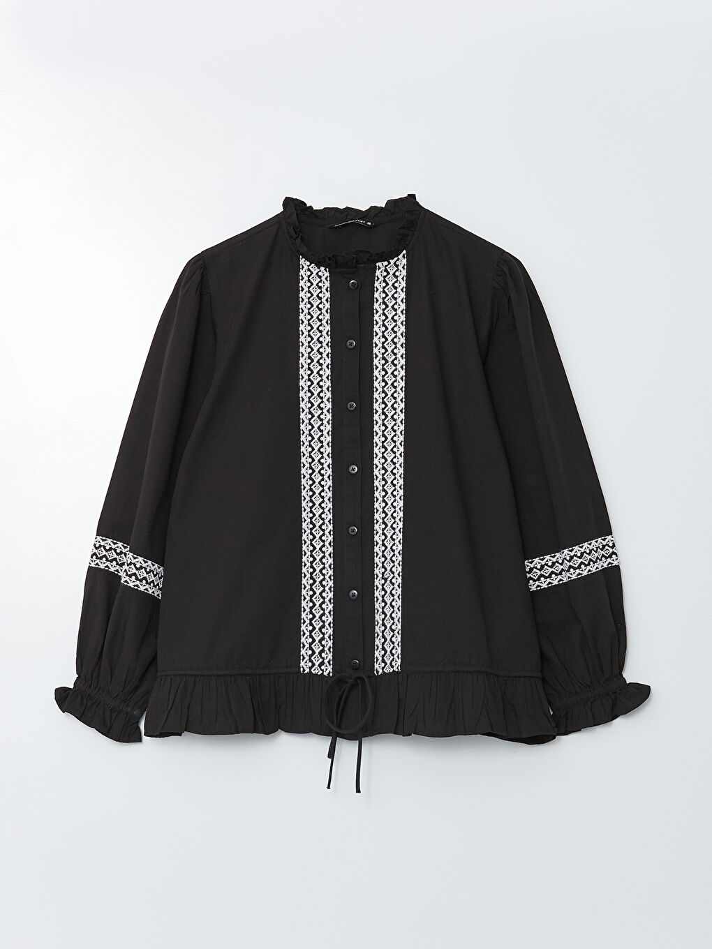 Ruffled Standing Collar Embroidered Long Sleeve Women's Shirt-7
