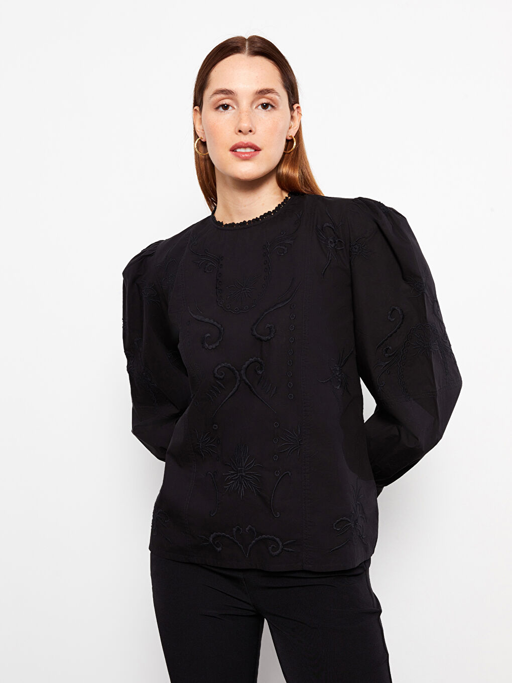 Crew Neck Embroidered Long Sleeve Women's Blouse -S31711Z8-RQL