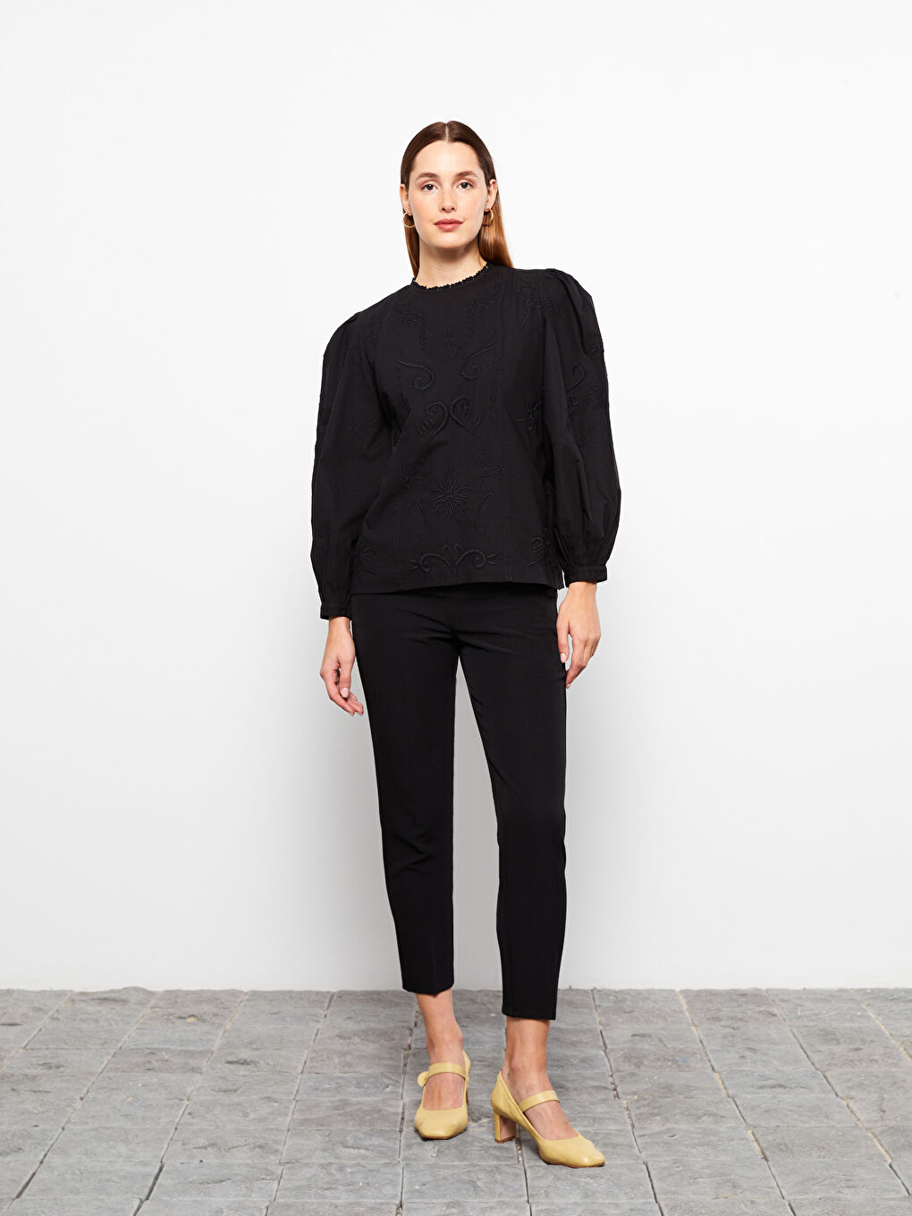 Crew Neck Embroidered Long Sleeve Women's Blouse -S31711Z8-RQL