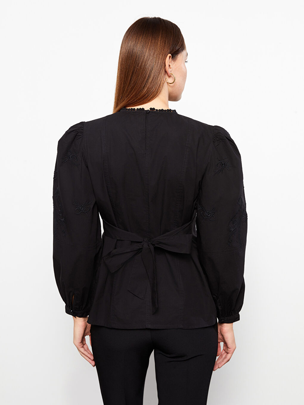 Crew Neck Embroidered Long Sleeve Women's Blouse -S31711Z8-RQL