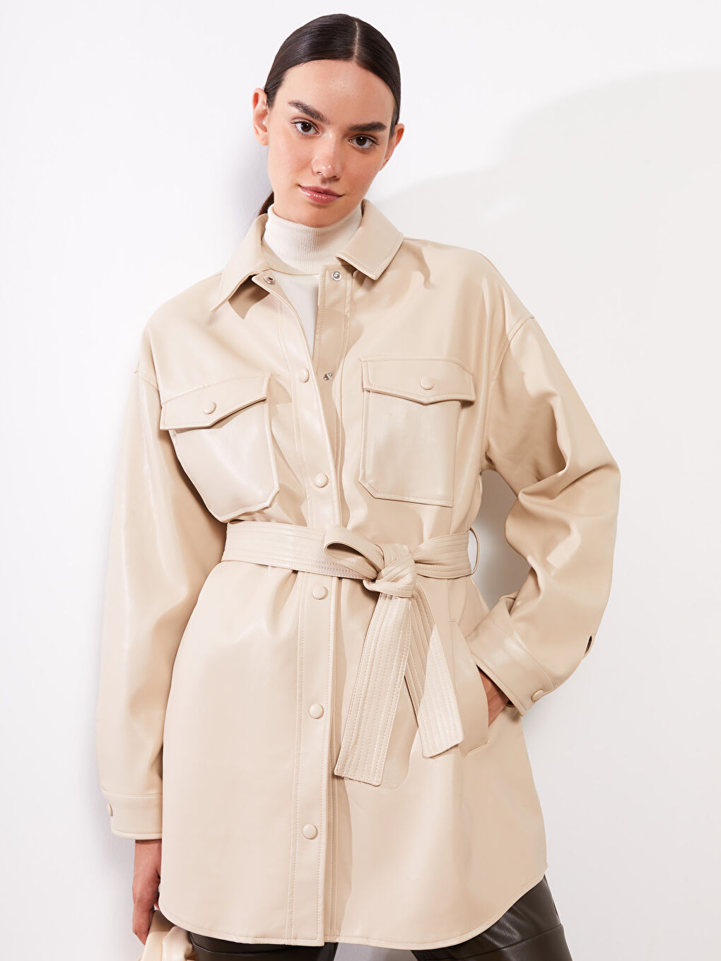 Manteau en simili cuir BEIGE Femme
