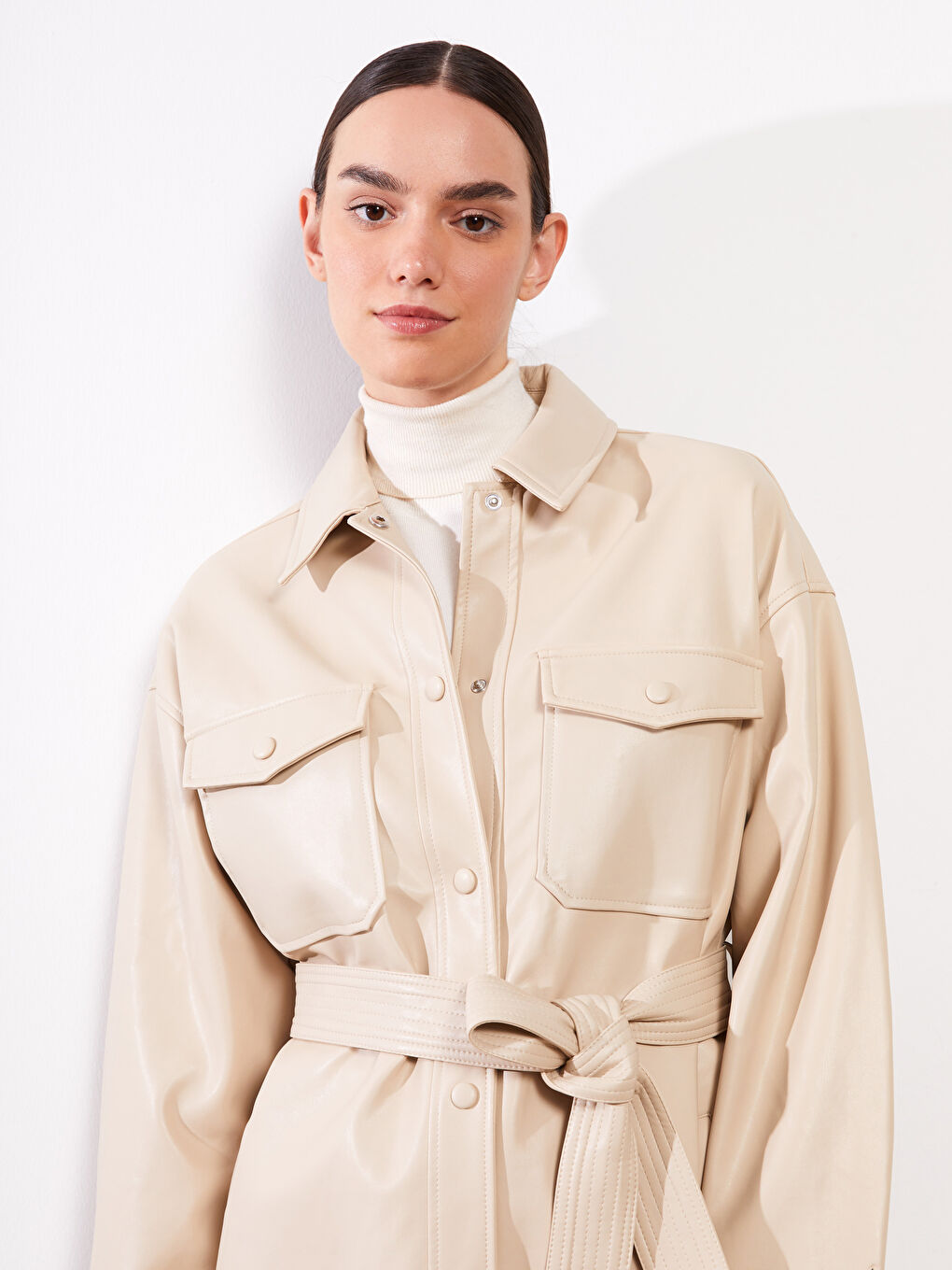 Manteau en simili cuir BEIGE Femme-1