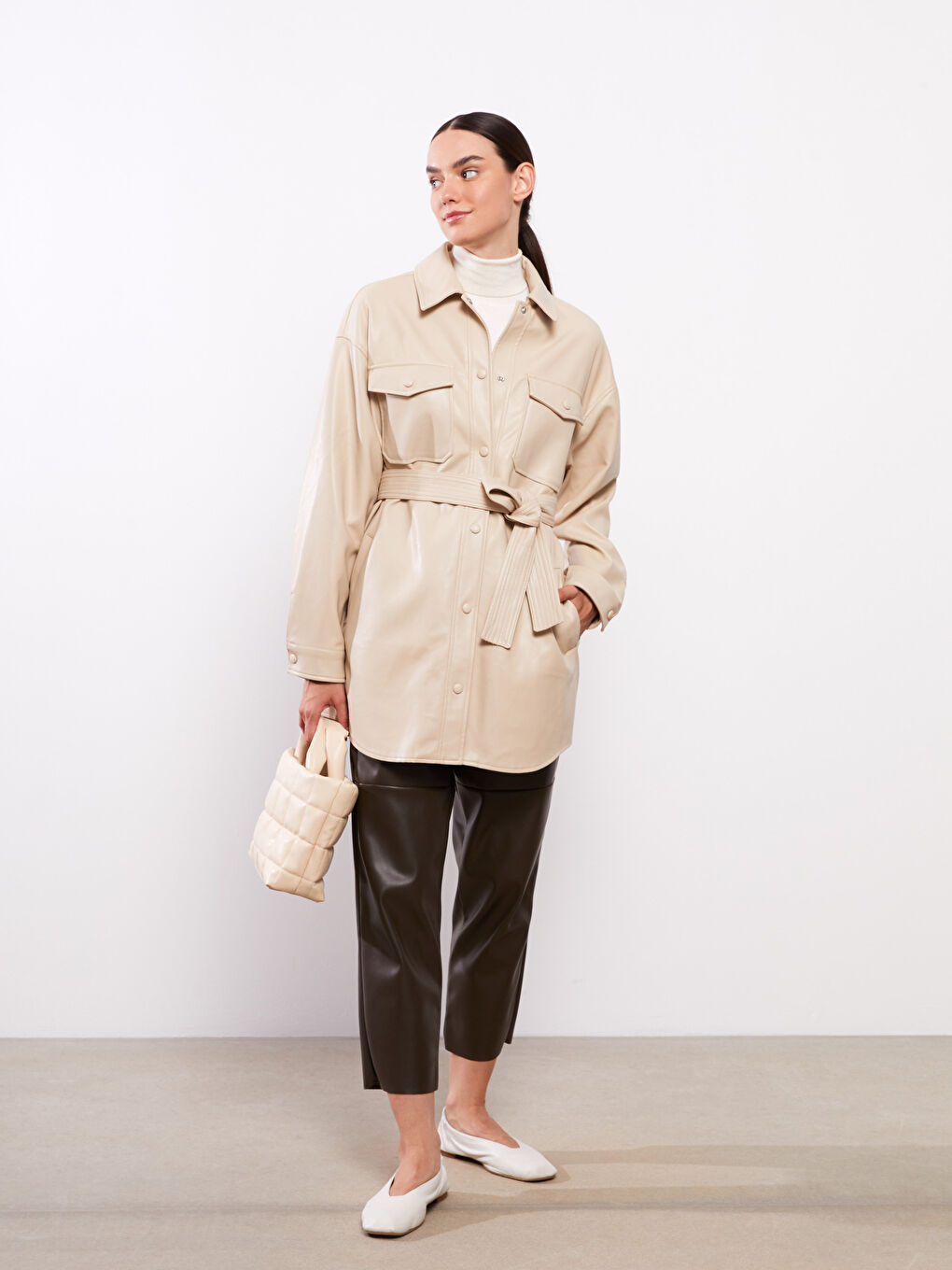 Manteau en simili cuir BEIGE Femme-2