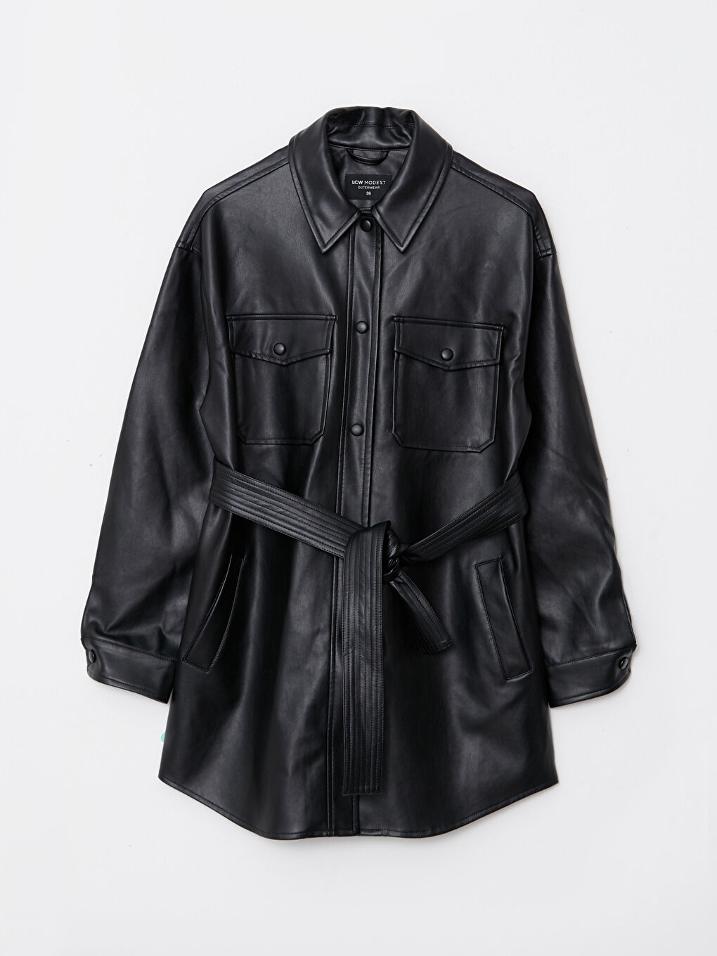 Siyah Kadın Gömlek Yaka Düz Deri Görünümlü Mont-6