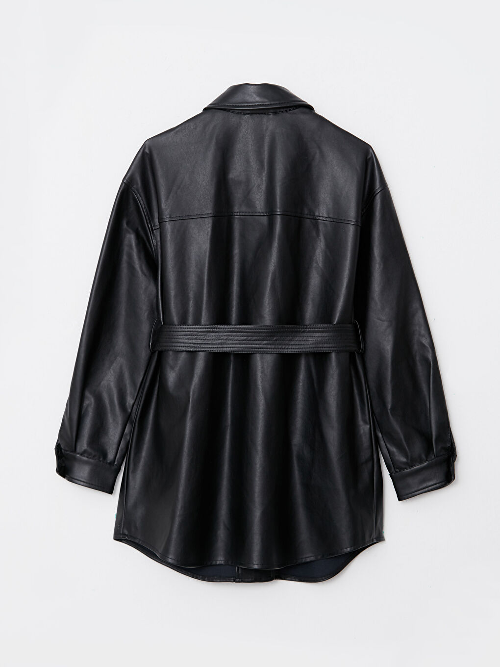 Siyah Kadın Gömlek Yaka Düz Deri Görünümlü Mont-7