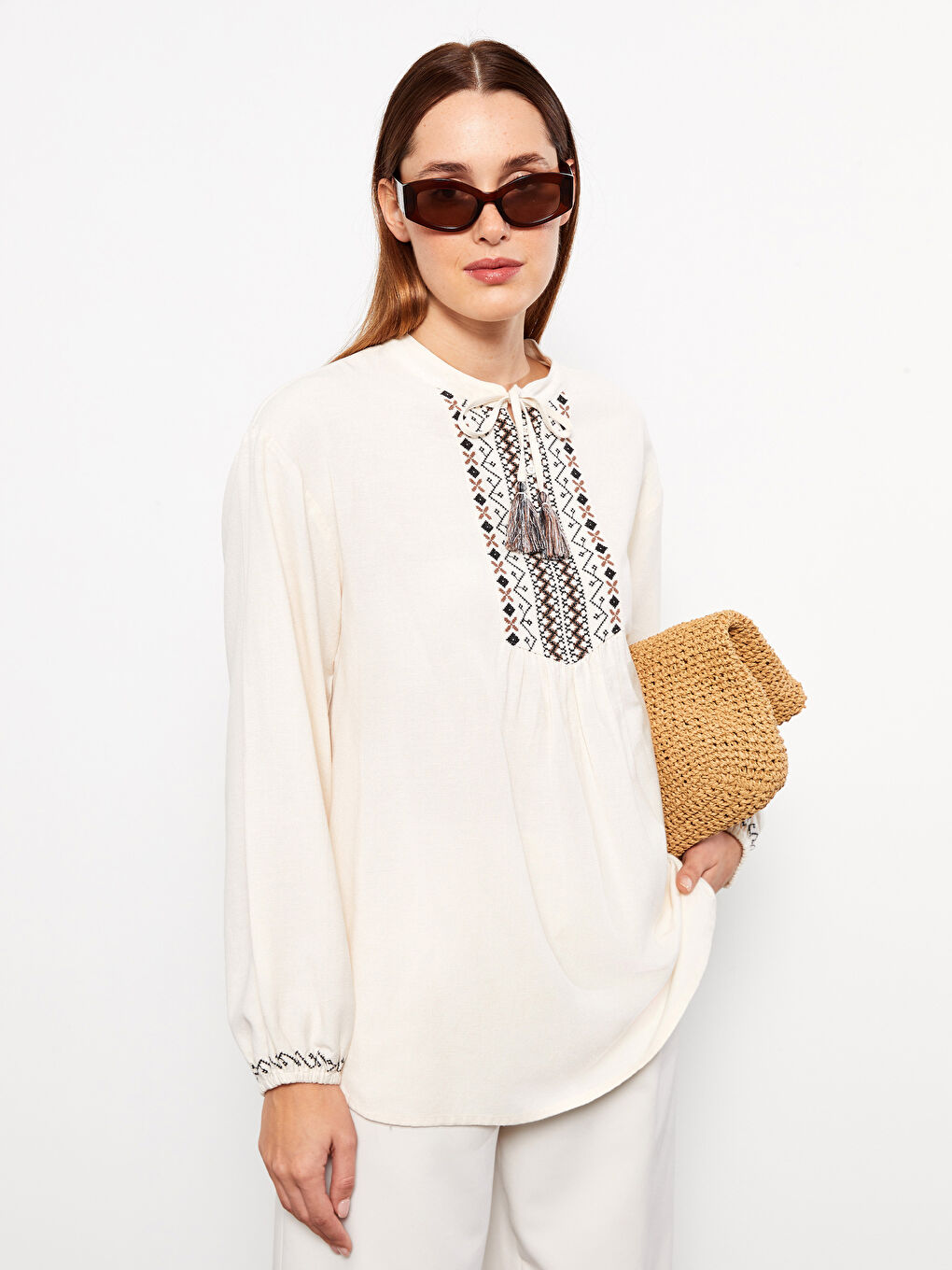 LCW Modest Bound Collar Embroidered Long Sleeve Oversize Women's Blouse -S31722Z8-S23