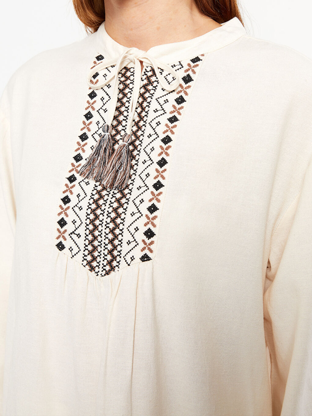 LCW Modest Bound Collar Embroidered Long Sleeve Oversize Women's Blouse -S31722Z8-S23