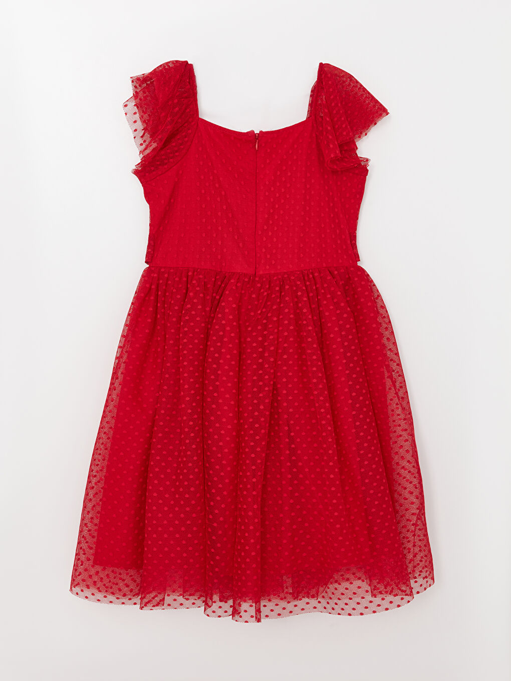 Kırmızı Kare Yaka Kendinden Desenli Kısa Kollu Kız Çocuk Tül Elbise-1