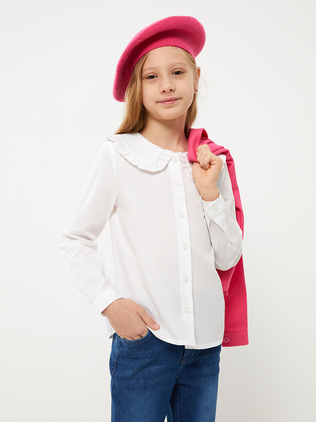 Beyaz Bebe Yaka Basic Uzun Kollu Kız Çocuk Gömlek