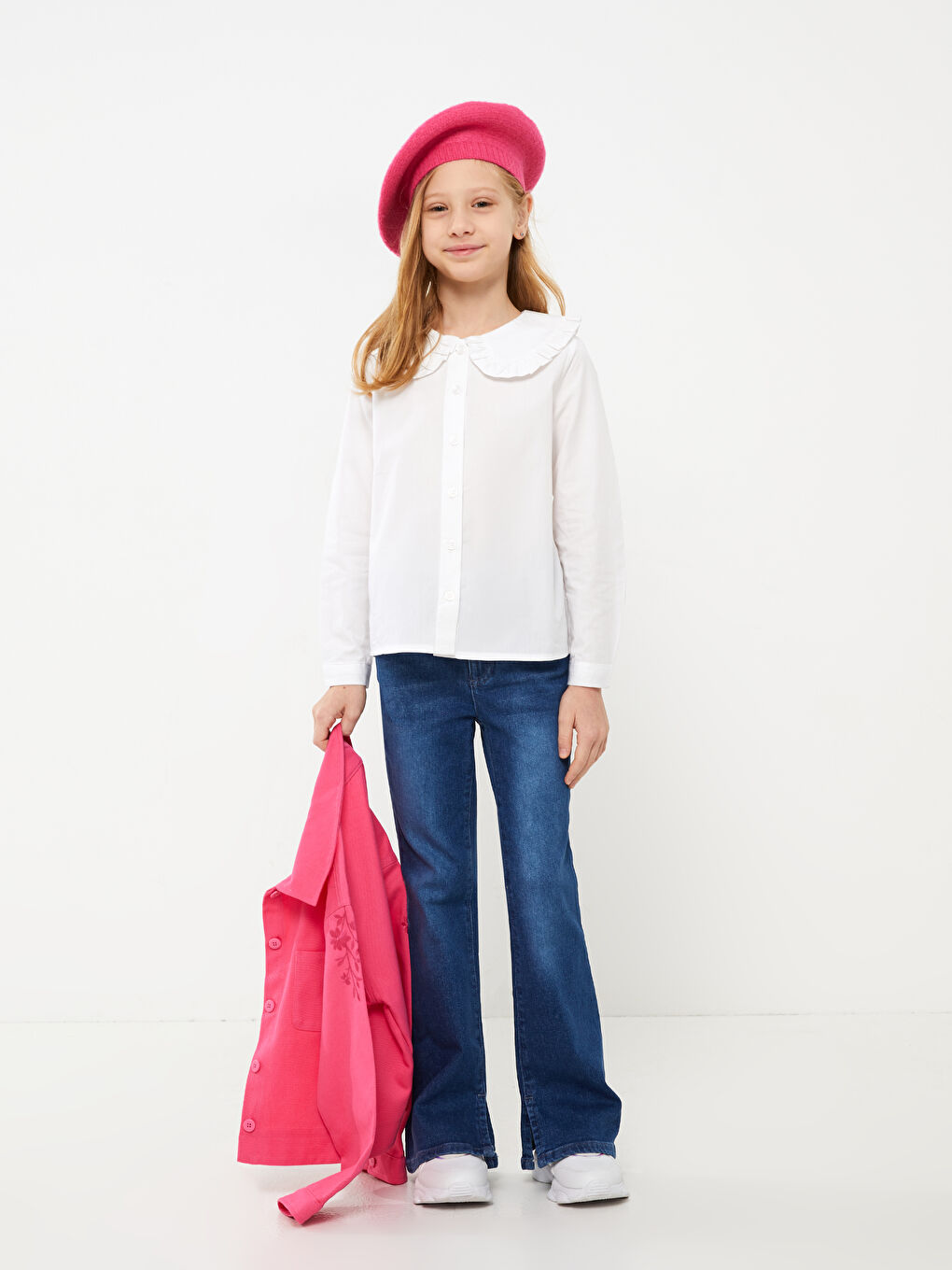Beyaz Bebe Yaka Basic Uzun Kollu Kız Çocuk Gömlek-2