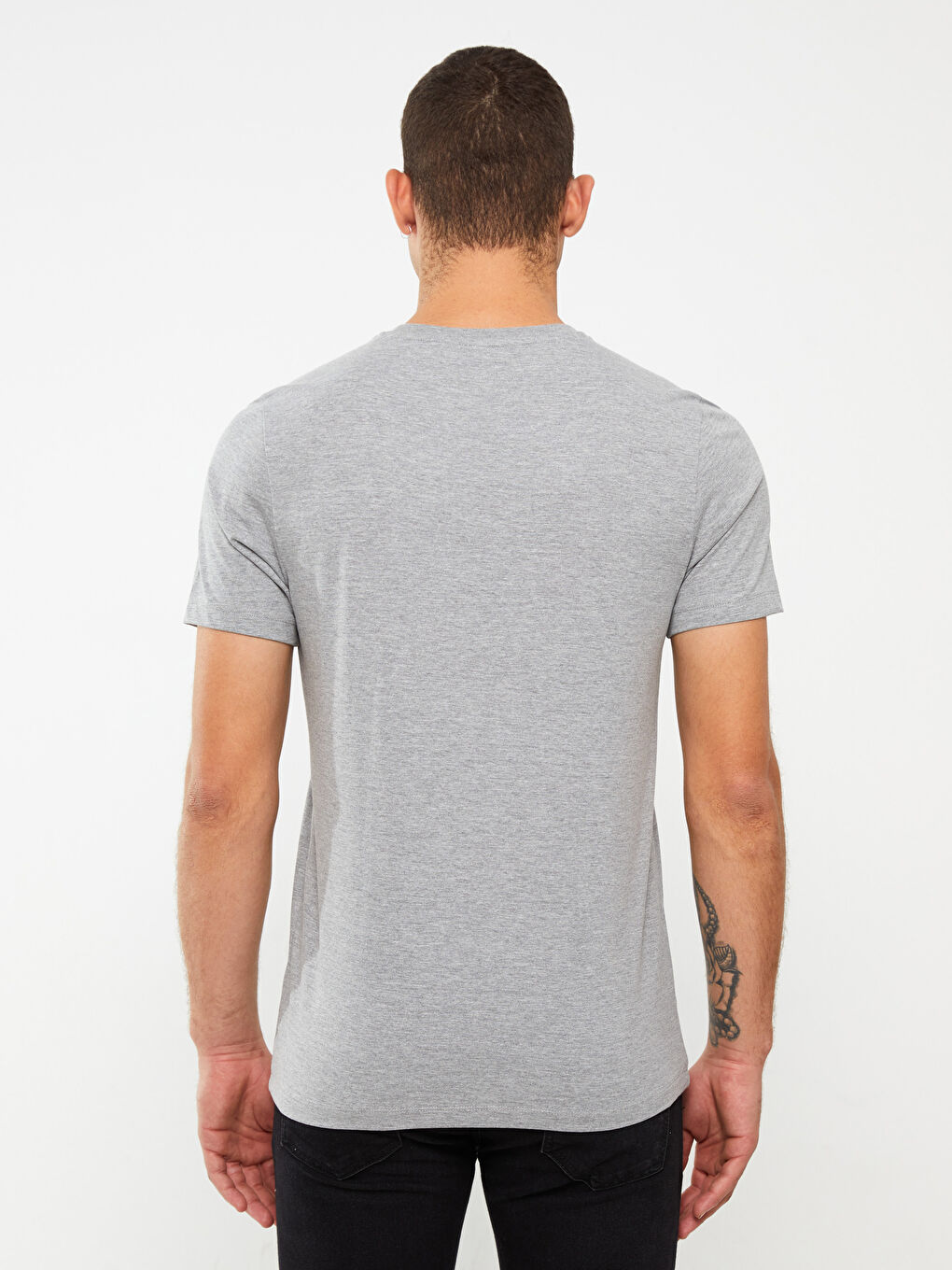 Gri Bisiklet Yaka Kısa Kollu Baskılı Penye Erkek Tişört-4