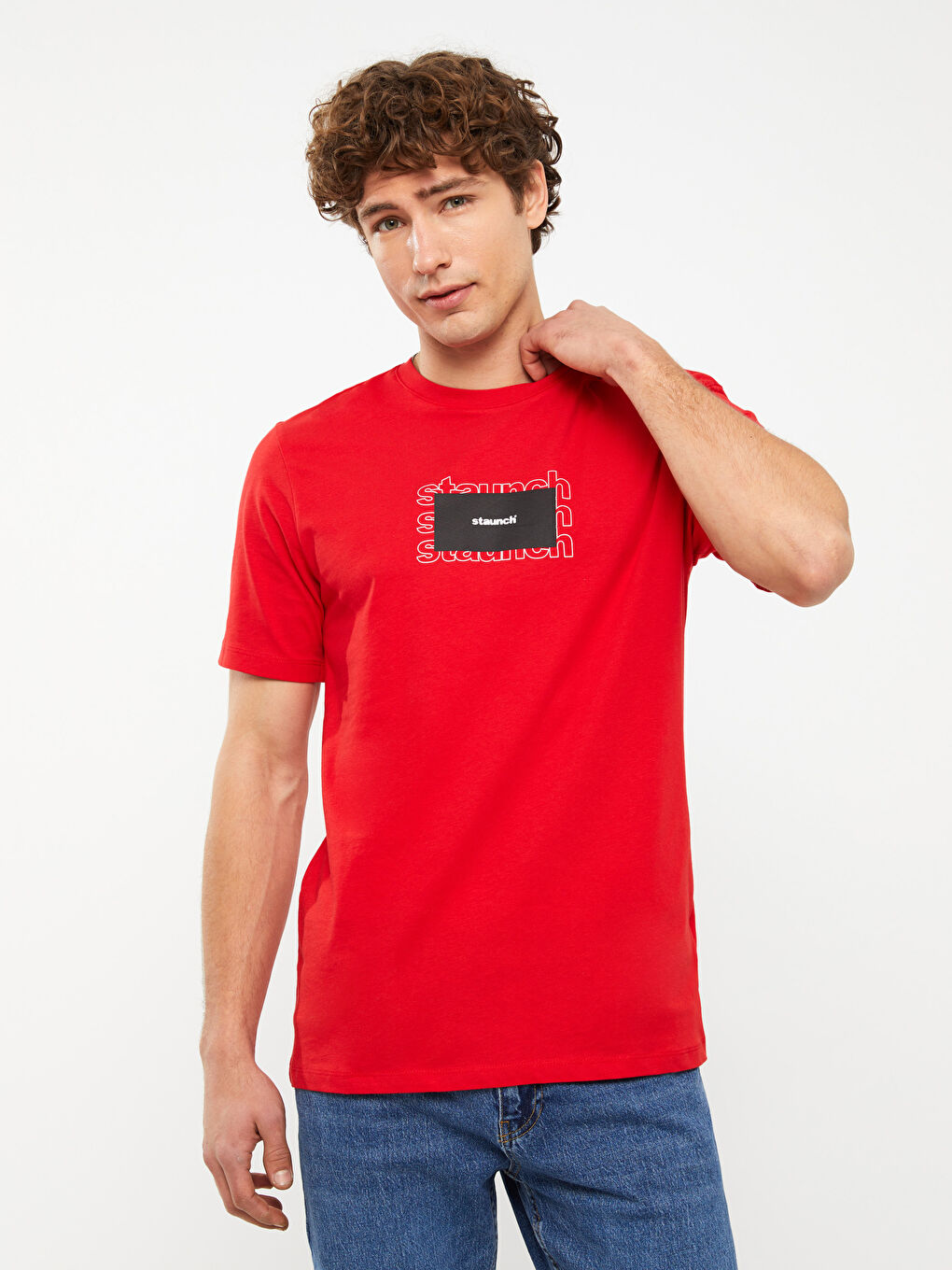 Kırmızı Bisiklet Yaka Kısa Kollu Baskılı Penye Erkek Tişört-1