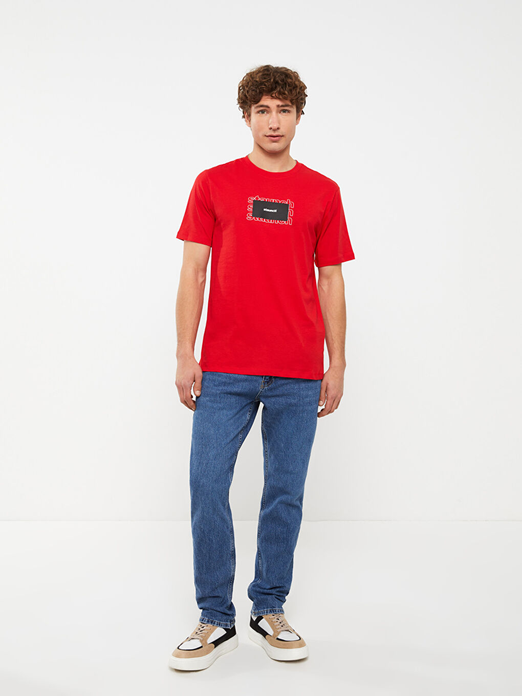 Kırmızı Bisiklet Yaka Kısa Kollu Baskılı Penye Erkek Tişört-2