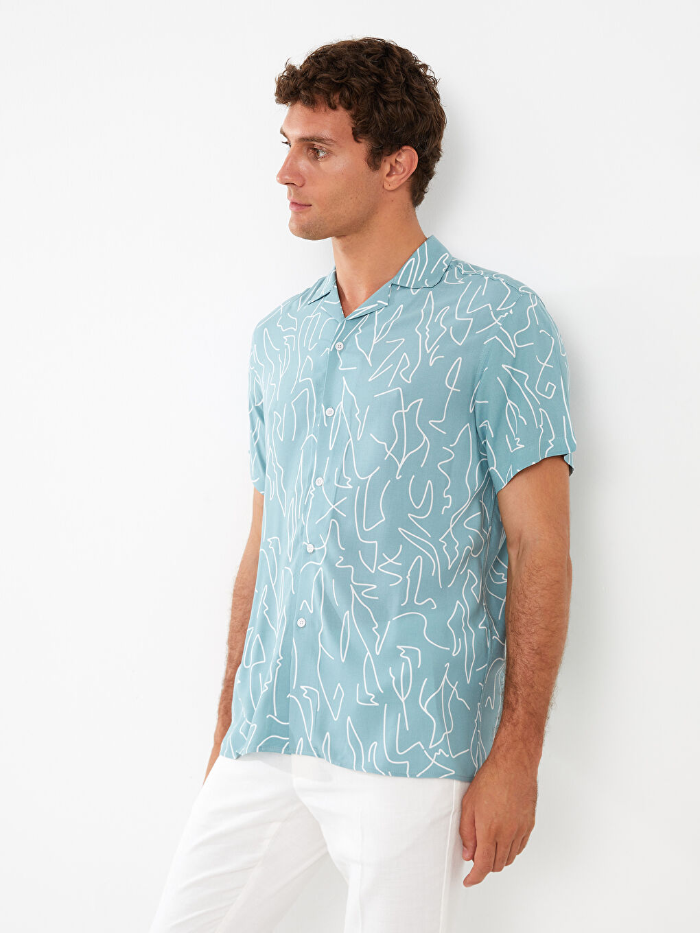 Yeşil Regular Fit Kısa Kollu Desenli Viskon Erkek Gömlek