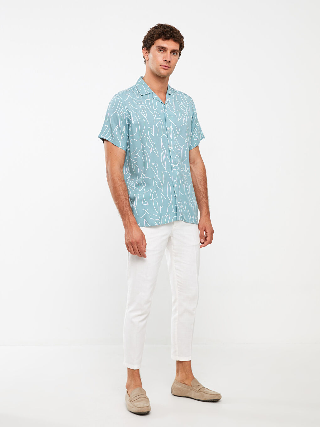 Yeşil Regular Fit Kısa Kollu Desenli Viskon Erkek Gömlek-2