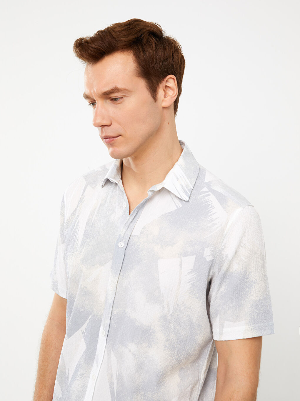 Ekru Regular Fit Kısa Kollu Desenli Erkek Gömlek-1