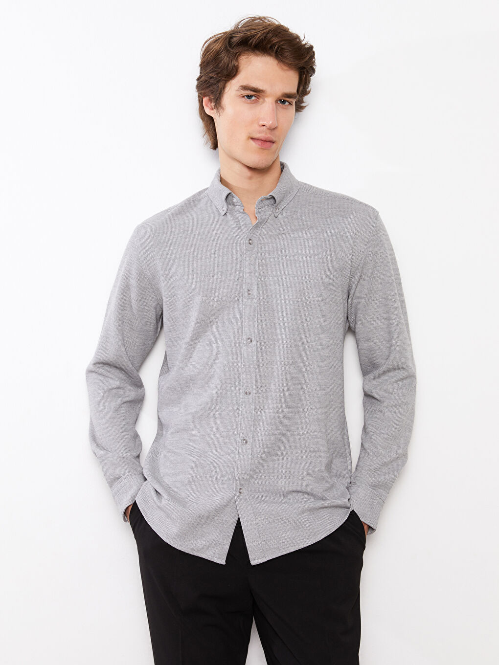 Gri Slim Fit Uzun Kollu Erkek Gömlek