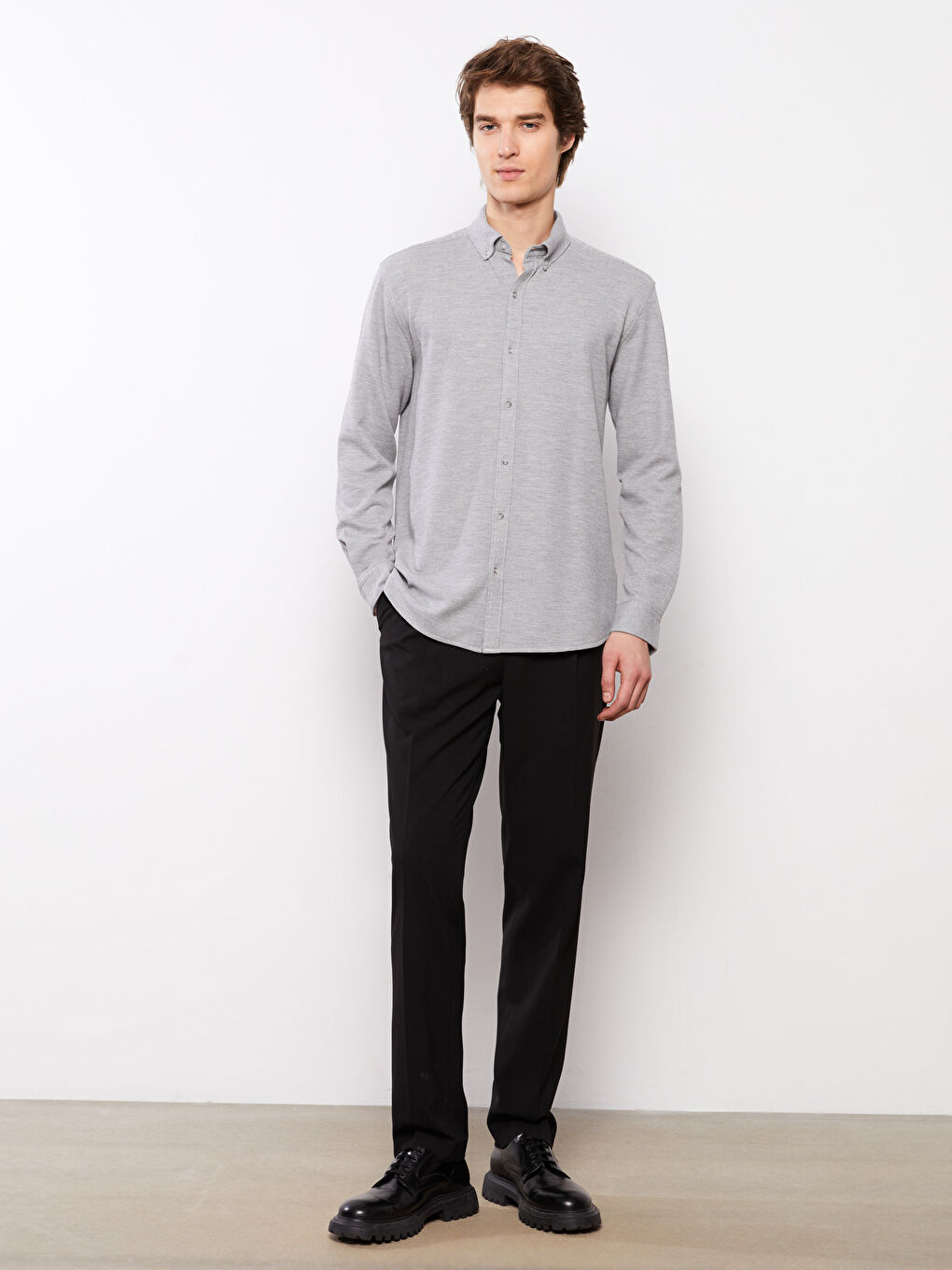 Gri Slim Fit Uzun Kollu Erkek Gömlek-1