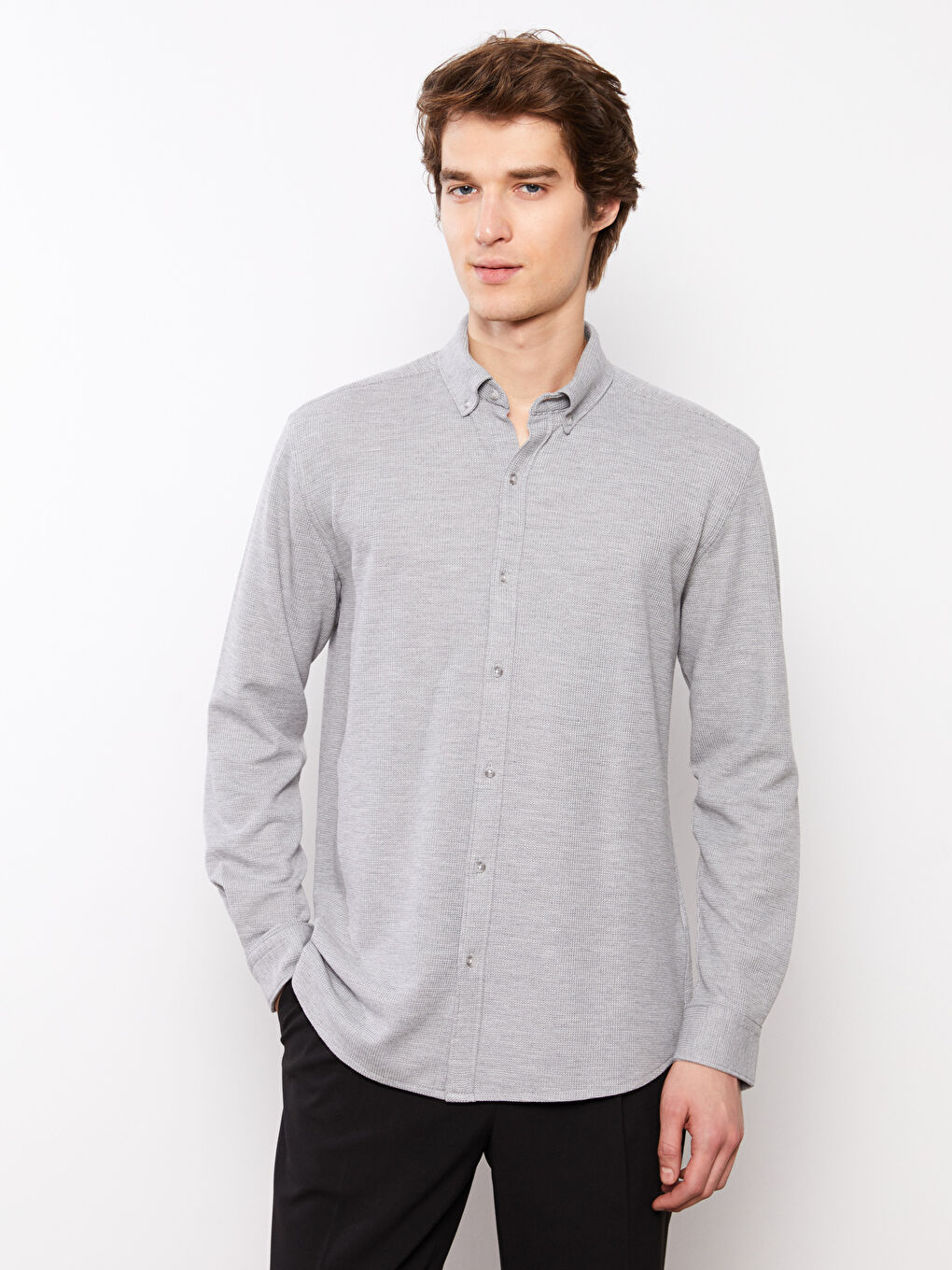 Gri Slim Fit Uzun Kollu Erkek Gömlek-2