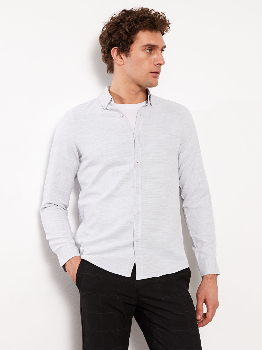 Gri Slim Fit Uzun Kollu Armürlü Erkek Gömlek