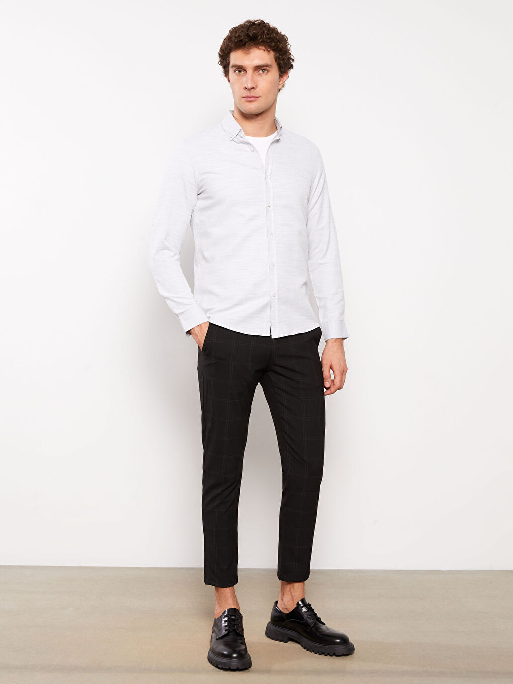 Gri Slim Fit Uzun Kollu Armürlü Erkek Gömlek-1