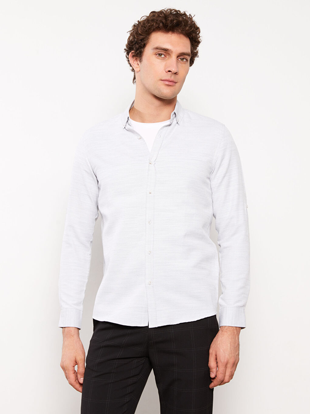 Gri Slim Fit Uzun Kollu Armürlü Erkek Gömlek-2