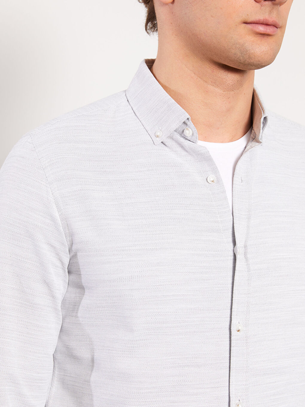 Gri Slim Fit Uzun Kollu Armürlü Erkek Gömlek-3