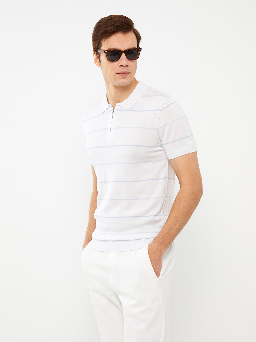 Polo Neck Short Sleeve Striped Men's Knitwear Sweater -S31803Z8-Q6K