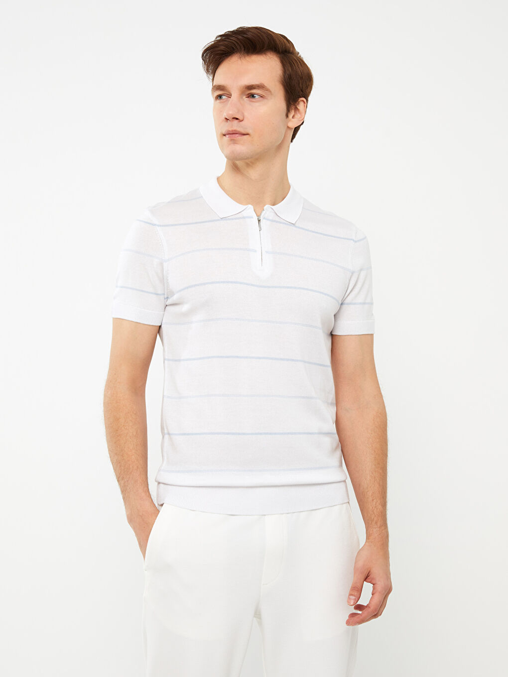 Polo Neck Short Sleeve Striped Men's Knitwear Sweater -S31803Z8-Q6K