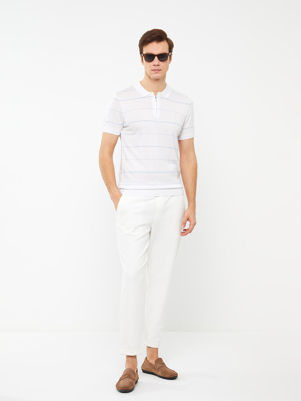 Polo Neck Short Sleeve Striped Men's Knitwear Sweater -S31803Z8-Q6K
