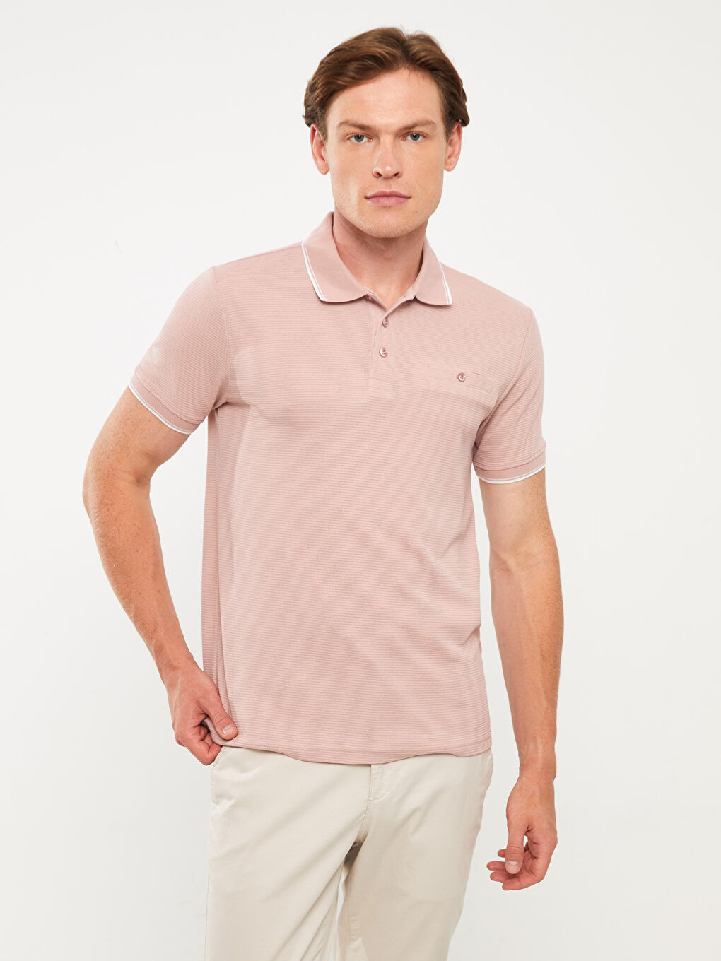 Pembe Polo Yaka Kısa Kollu Erkek Tişört-1