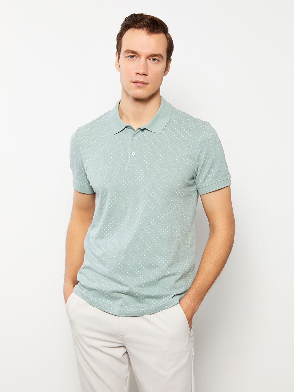 Yeşil Polo Yaka Kısa Kollu Desenli Pike Erkek Tişört