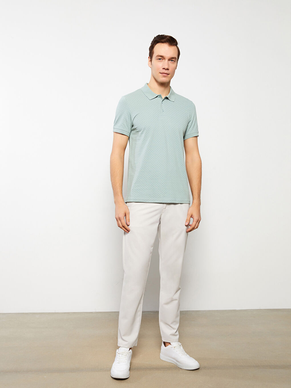 Yeşil Polo Yaka Kısa Kollu Desenli Pike Erkek Tişört-1