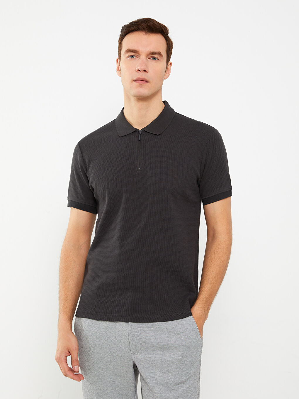 Antrasit Polo Yaka Kısa Kollu Erkek Tişört-1