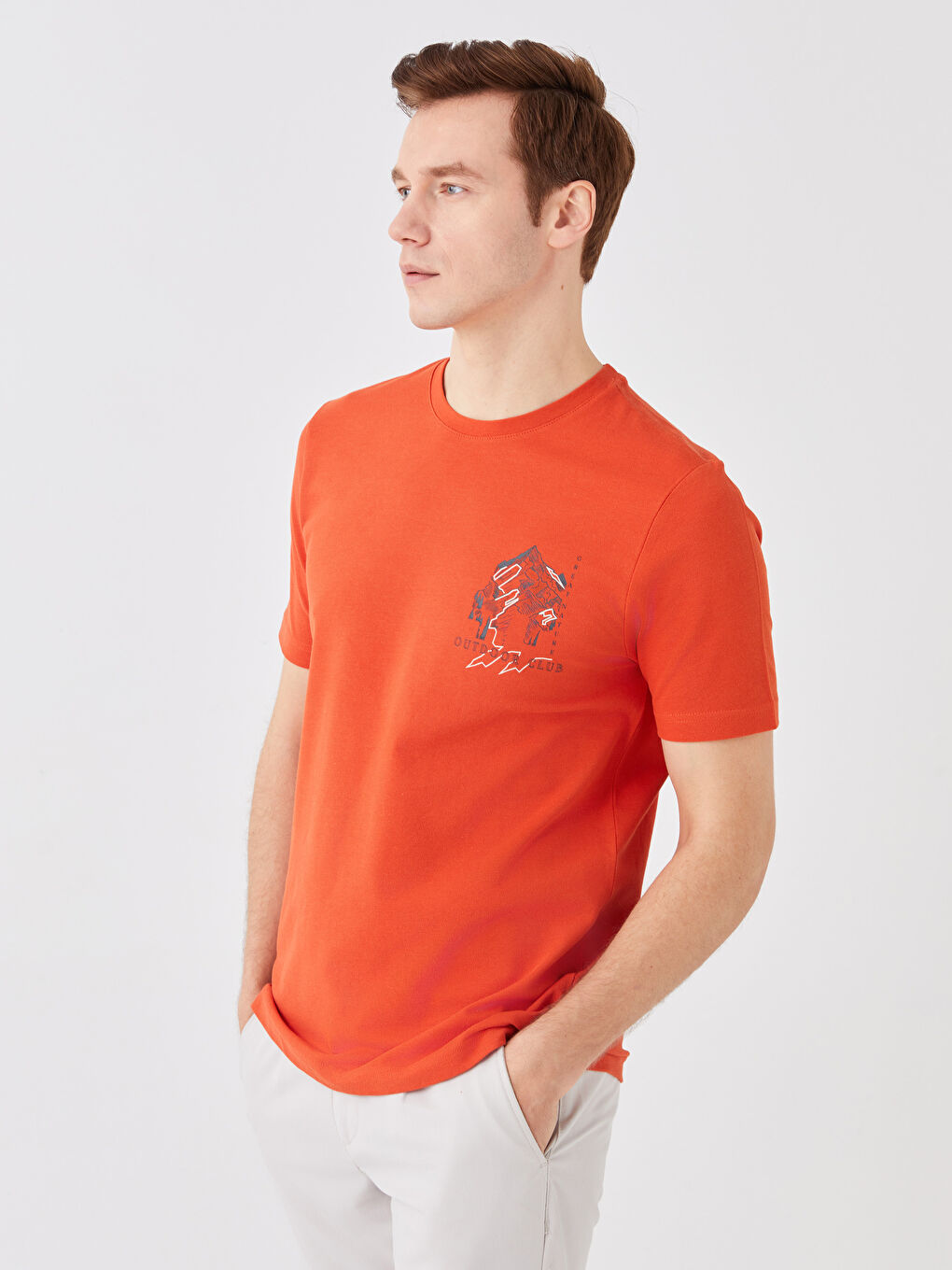 Turuncu Bisiklet Yaka Kısa Kollu Baskılı Erkek Tişört