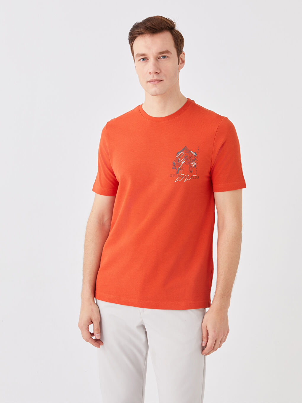 Turuncu Bisiklet Yaka Kısa Kollu Baskılı Erkek Tişört-1