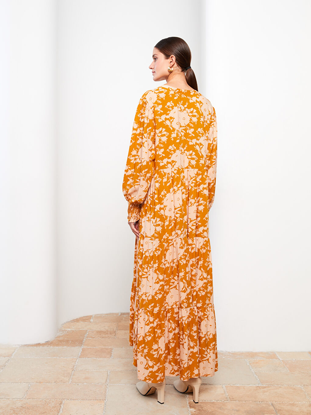 Henley Neckline Patterned Long Sleeve Viscose Women's Dress -S31888Z8-STU