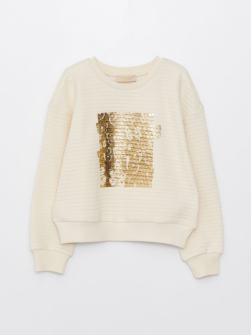 Ekru Bisiklet Yaka Baskılı Uzun Kollu Kız Çocuk Crop Sweatshirt-3