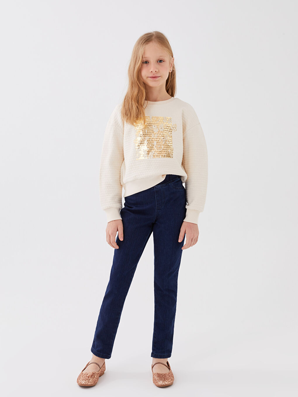 Ekru Bisiklet Yaka Baskılı Uzun Kollu Kız Çocuk Crop Sweatshirt-2