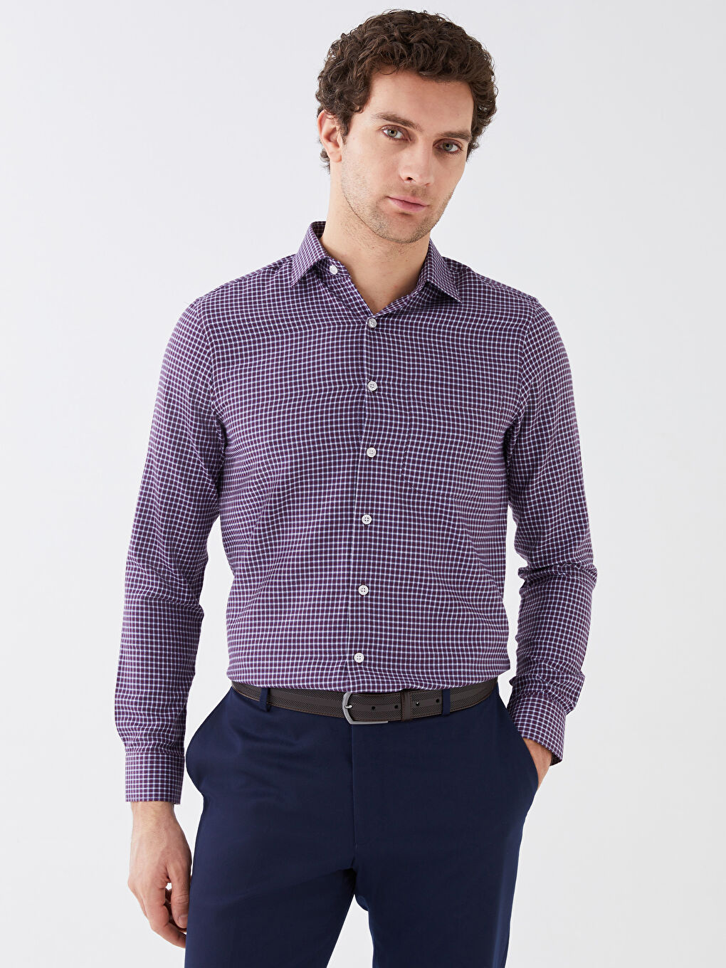 Cămașă Relaxată cu Mânecă Lungă din Țesătură în Diagonală cu Carouri pentru Bărbați