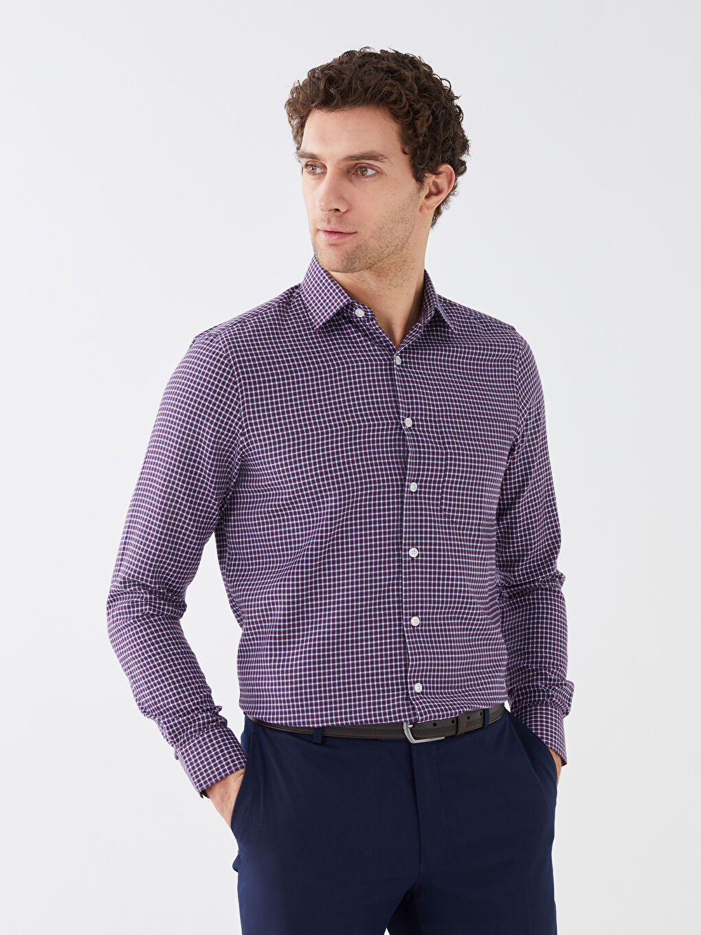 Cămașă Relaxată cu Mânecă Lungă din Țesătură în Diagonală cu Carouri pentru Bărbați-1